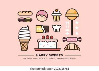 Happy Sweets Flat Line Icons set. Postre colorido, panadería y dulces con estilo.
