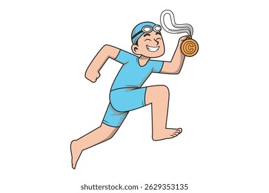 Feliz nadador segurando a medalha do campeonato