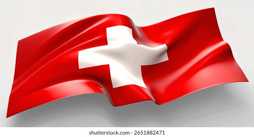 Happy Swiss National Day with 3d wave flag. Switzerland travel banner or poster with Swiss flag on background. Republic day greeting card. Vector illustration on white background.
