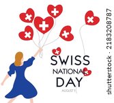 Happy Swiss national day greeting card, banner with template text vector illustration. Switzerland memorial holiday 1st of August design element with flag, cross, flat illustration.