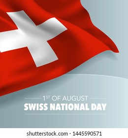 Happy Swiss national day greeting card, banner, vector illustration. Switzerland day 1st of August background with elements of flag, square format 