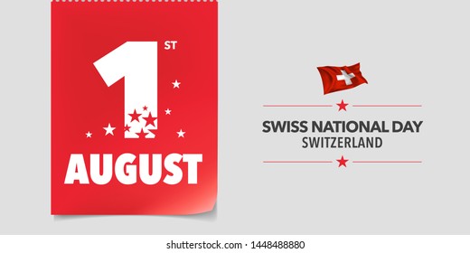 Happy Swiss national day vector banner, greeting card. Switzerland date of 1st of August and waving flag for national patriotic holiday design 
