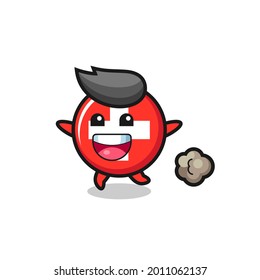 the happy switzerland flag badge cartoon with running pose , cute style design for t shirt, sticker, logo element