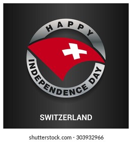 Happy Switzerland independence day Flag metal badge - National Day silver border - Vector illustration