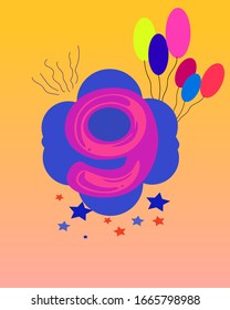 Happy symbol vector number 9. Cartoon kids illustration