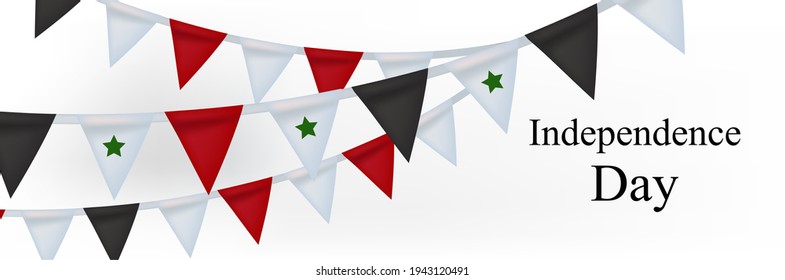 Happy Syria Independence Day banner with realistic bunting flags. National Holidays. Vector illustration