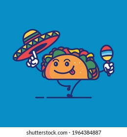 Happy taco character with sombrero and maracas vector illustration. Taco cute cartoon vector icon.