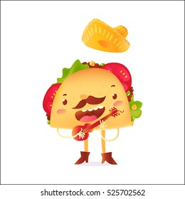 Happy taco character in sombrero singing and playing Mexican guitar, cartoon vector illustration isolated on white background. Mexican taco character in cowboy boots singing and playing guitar