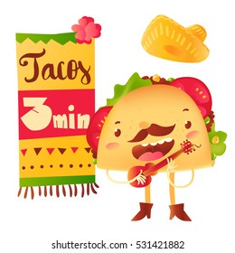 Happy taco character in sombrero singing and playing Mexican guitar, cartoon vector poster, banner, leaflet design for cafes and restaurants. Special offer design with singing funny taco character