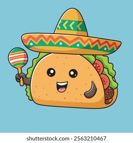 Happy Taco using Sombrero and Playing Maracas. Cute cartoon illustration