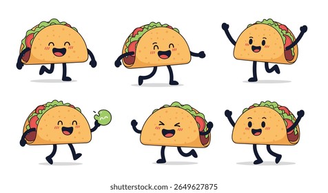 Feliz tacos dançando e se divertindo em um estilo de desenho animado