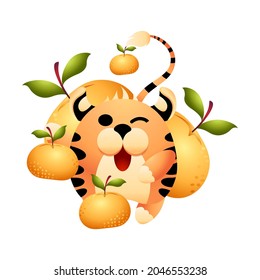 Happy tailed tiger gives ripe golden oranges. Red little tiger as symbol of 2022 Chinese New Year. Cute character with big harvest of fruits for June planner or calendar. Vector isolated illustration