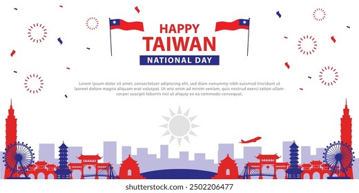 Happy Taiwan National Day Banner - Festliches Design mit Flaggen, Feuerwerken und ikonischen Wahrzeichen, die Taiwans Erbe feiern