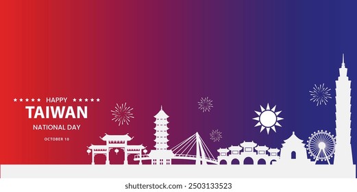 Happy Taiwan National Day Banner - Dual Gradient Design Featuring Iconic Landmarks and Fireworks Celebrating Double Ten Day on October 10