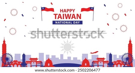 Happy Taiwan National Day Banner - Festive Design with Flags, Fireworks, and Iconic Landmarks Celebrating Taiwan's Heritage