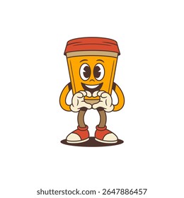 Happy takeaway coffee cup mascot in orange with red lid forming heart gesture with hands. Suitable for cafe branding, social media, advertising, and beverage promotions. Vector illustration