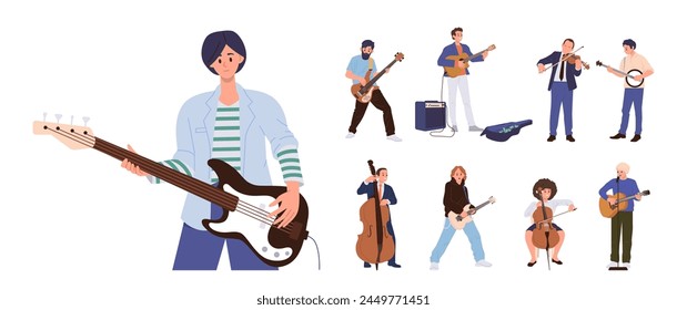 Happy talented people musicians cartoon characters playing different string music instrument big set