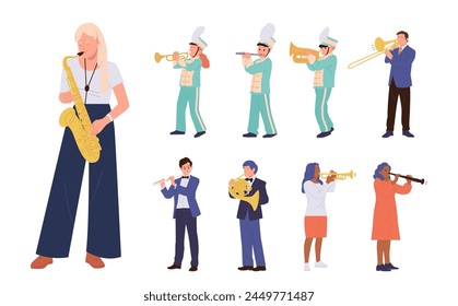 Happy talented people musicians cartoon characters playing different wind music instrument big set