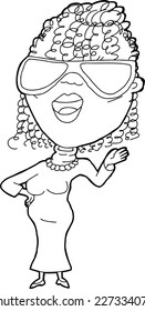 Happy talking woman in sunglasses cartoon outline
