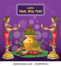 Happy Tamil New Year Greetings with a girl holding lamp sculpture