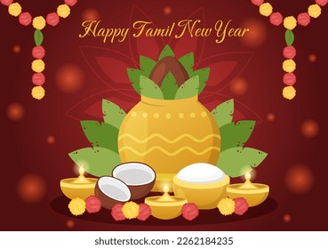 Happy Tamil New Year Illustration with Vishu Flowers, Pots and Indian Hindu Festival in Flat Cartoon Hand Drawn for Landing Page Templates