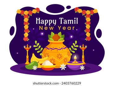 Happy Tamil New Year Vector Illustration with Vishu Flowers, Coconut, Candle, Pots and Indian Hindu Festival in Flat Cartoon Background Design