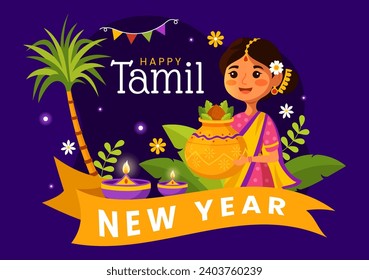 Happy Tamil New Year Vector Illustration with Vishu Flowers, Coconut, Candle, Pots and Indian Hindu Festival in Flat Cartoon Background Design