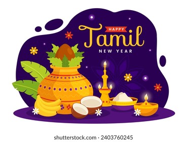 Happy Tamil New Year Vector Illustration with Vishu Flowers, Coconut, Candle, Pots and Indian Hindu Festival en el diseño de fondo de caricatura plana