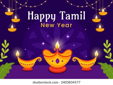 Happy Tamil New Year Vector Illustration with Vishu Flowers, Coconut, Candle, Pots and Indian Hindu Festival in Flat Cartoon Background Design
