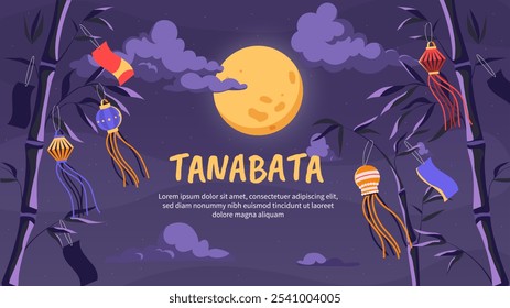 Happy tanabata poster. Traditional japanese holiday and festival 10 august. Star festival in Japan. Oriental traditions and culture. Landing webpage design. Flat vector illustration