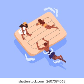 Happy tanned kids are floating on inflatable mattress, swimming in ocean. Children are on pool raft in sea resort in summer. Friends have fun in water during travel. Flat isolated vector illustration