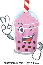 Happy taro bubble tea cartoon design concept with two fingers