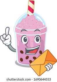Happy taro bubble tea mascot design concept with brown envelope