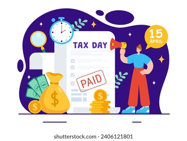 Happy Tax Day Vector Illustration on 15 April with Clipboard Tax Form, Clock, Pen, Coins Money and Paper Document to Pay the bills in Flat Background