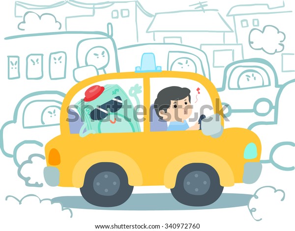 happy taxi driver get money in car at\
traffic jam vector\
illustration