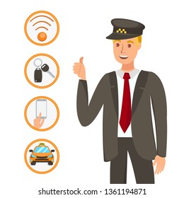 Happy Taxi Service Worker Cartoon Illustration. Chauffeur in Uniform and Cap Showing Thumbs up Isolated Cartoon Character. Valet Parking, Transfer. Cab Driver. Transport Rental Design Element