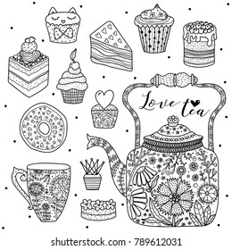 Happy tea. Coloring page.