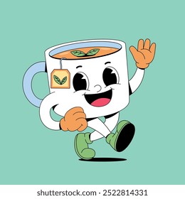 Happy tea cup walking cartoon mascot