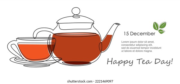 Happy Tea Day! Continuous one single line drawing of teapot with tea and cup. 