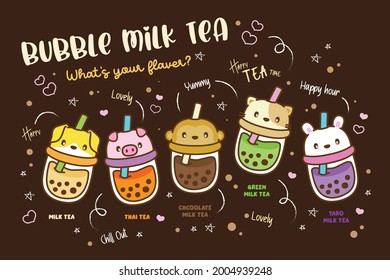 Happy Tea Time  Character Cartoon love Boba Tea  milk tea  Vector Illustration