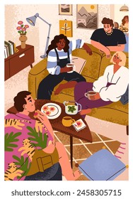 Happy tea time gathering at home. Friends resting on couch in cozy living room. People sitting, relaxing, chatting indoors, card. Men, women at teatime leisure together. Flat vector illustration