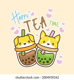 Happy Tea Time  milk tea  Boba Bubble Milk Tea  Vector Illustration