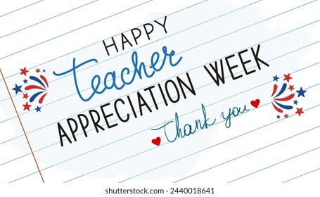 Happy Teacher Appreciation Week school banner. Multicolored text in line art style on a white background.