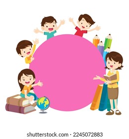 happy teacher with Boy and girls learning or studying.children with Back to School Concept education.Pupils holding textbooks and school Earth Globe icon model