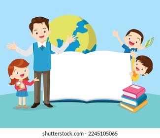 happy teacher with Boy and girls learning or studying.children with Back to School Concept education.Pupils holding textbooks and school Earth Globe icon model 