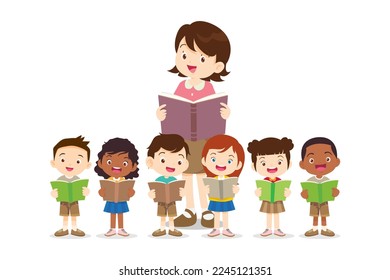 happy teacher with Boy and girls learning or studying.children with Back to School Concept education.Pupils holding textbooks