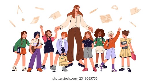 Feliz profesor y niños, retrato grupal. Estudiantes de primaria, niños y niñas. Niños amigos, compañeros de clase y amigos. Ilustración vectorial gráfica plana aislada en fondo blanco