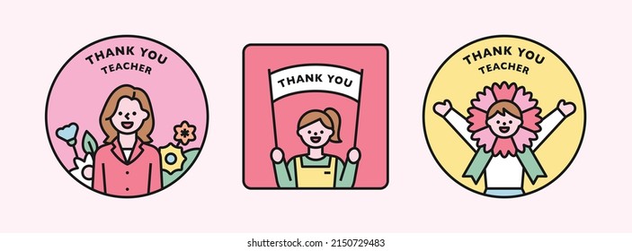 Happy teacher with children saying thank you on Teacher's Day. Cute characters in a round frame. flat design style vector illustration.