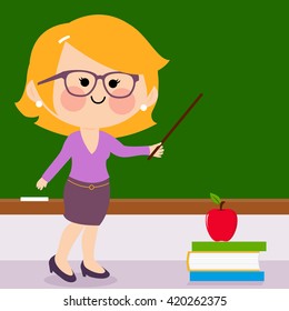 Happy teacher in the classroom teaching. Vector illustration