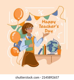 Happy teacher in classroom. World teacher's day. Celebration.